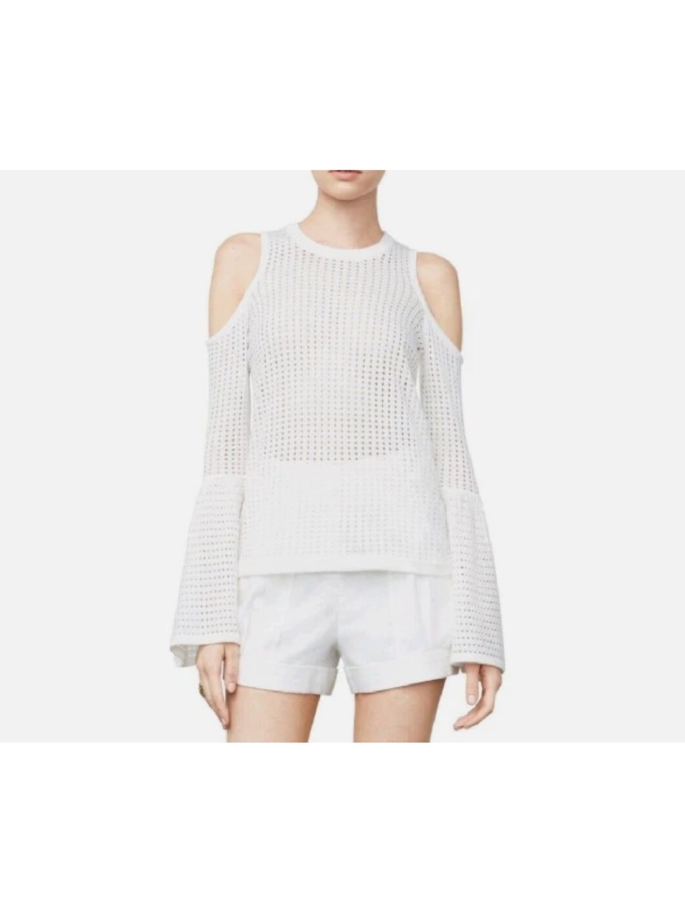 BCBG Maxazria Lucia White Mesh Cold Shoulder Bell Sleeve Top - size Medium